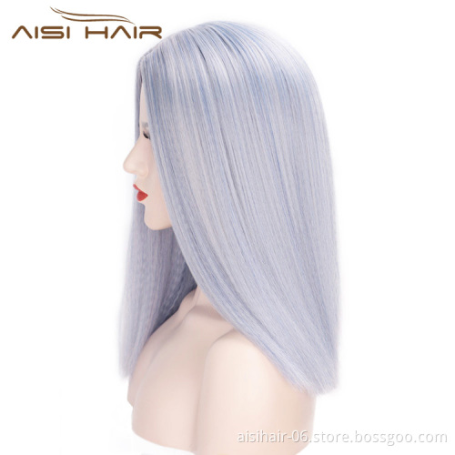 Aisi Hair Short Bob Middle Part Machine Made Wigs Yaki Grey Color Synthetic Short Cosplay Wigs for American Africans